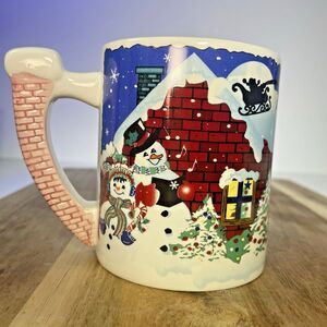 VTG 1989 Flowers Inc 3D Chimney Handle Snowman Caroling Santa Christmas FIB Mug
